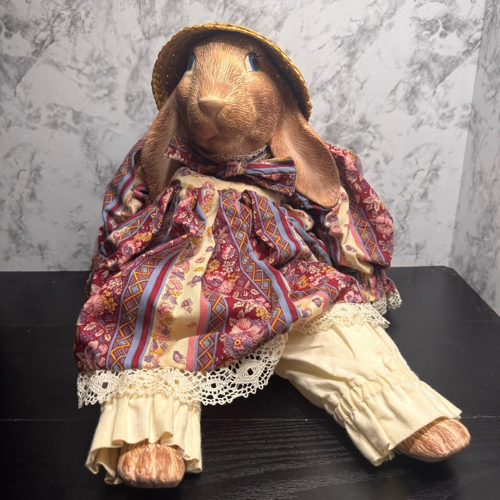 Vintage Porcelain Bunny Doll Calico Dress Straw Hat Farmhouse Easter Decor